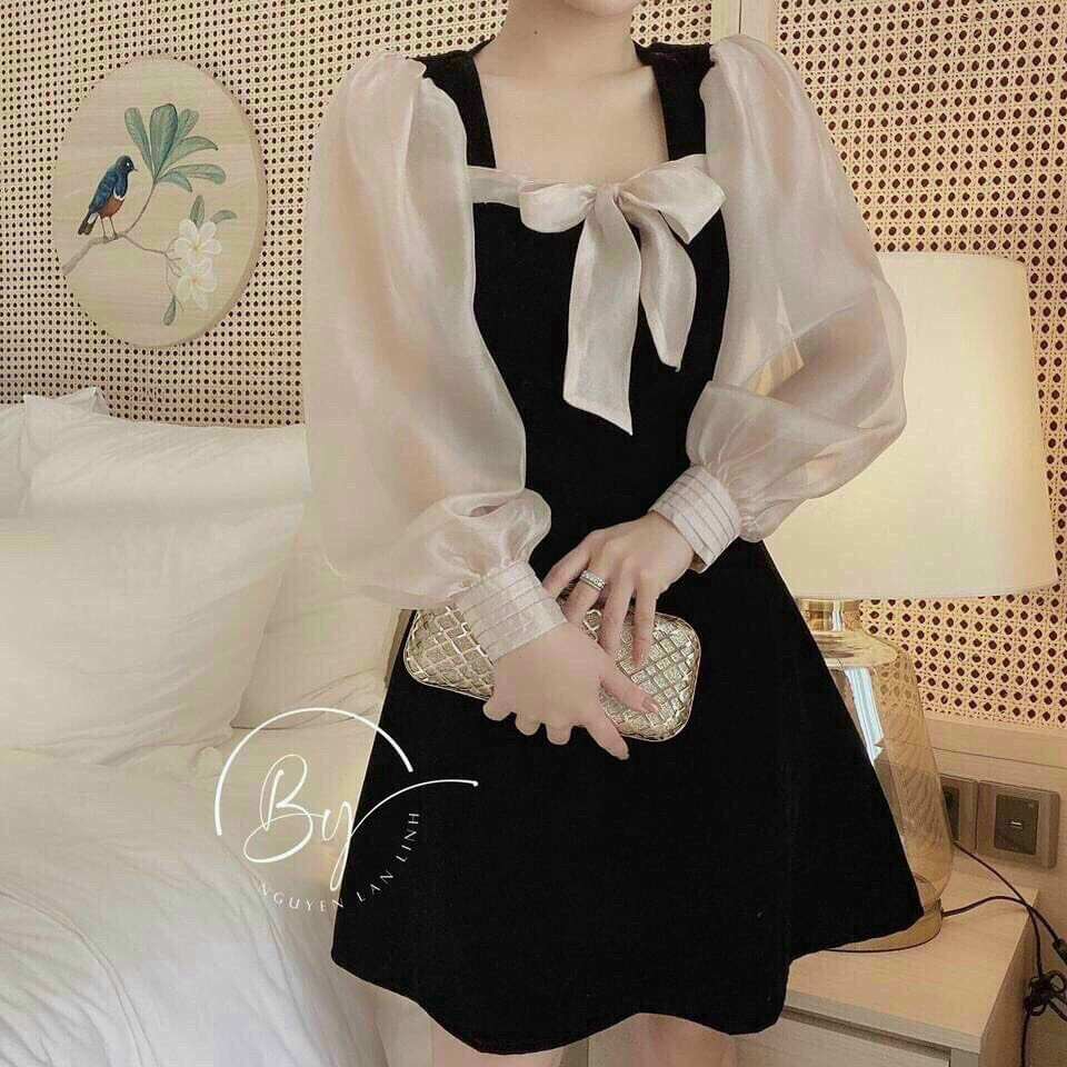 Đầm xòe ngắn phối tay voan tơ xinh xắn - đầm xòe nơ tay dài bồng tiểu thư dạo phố công sở thanh lịch