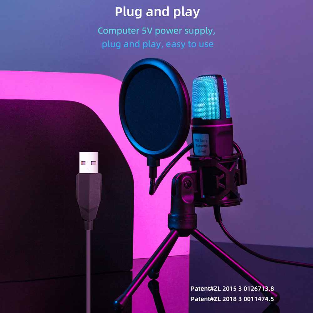 CUGUU Original 4 Pieces Set RGB Microphone Audio USB Condenser Microphone Tripod Recording Live Broadcast Microphone for Karaoke Computer Video Game Microphone