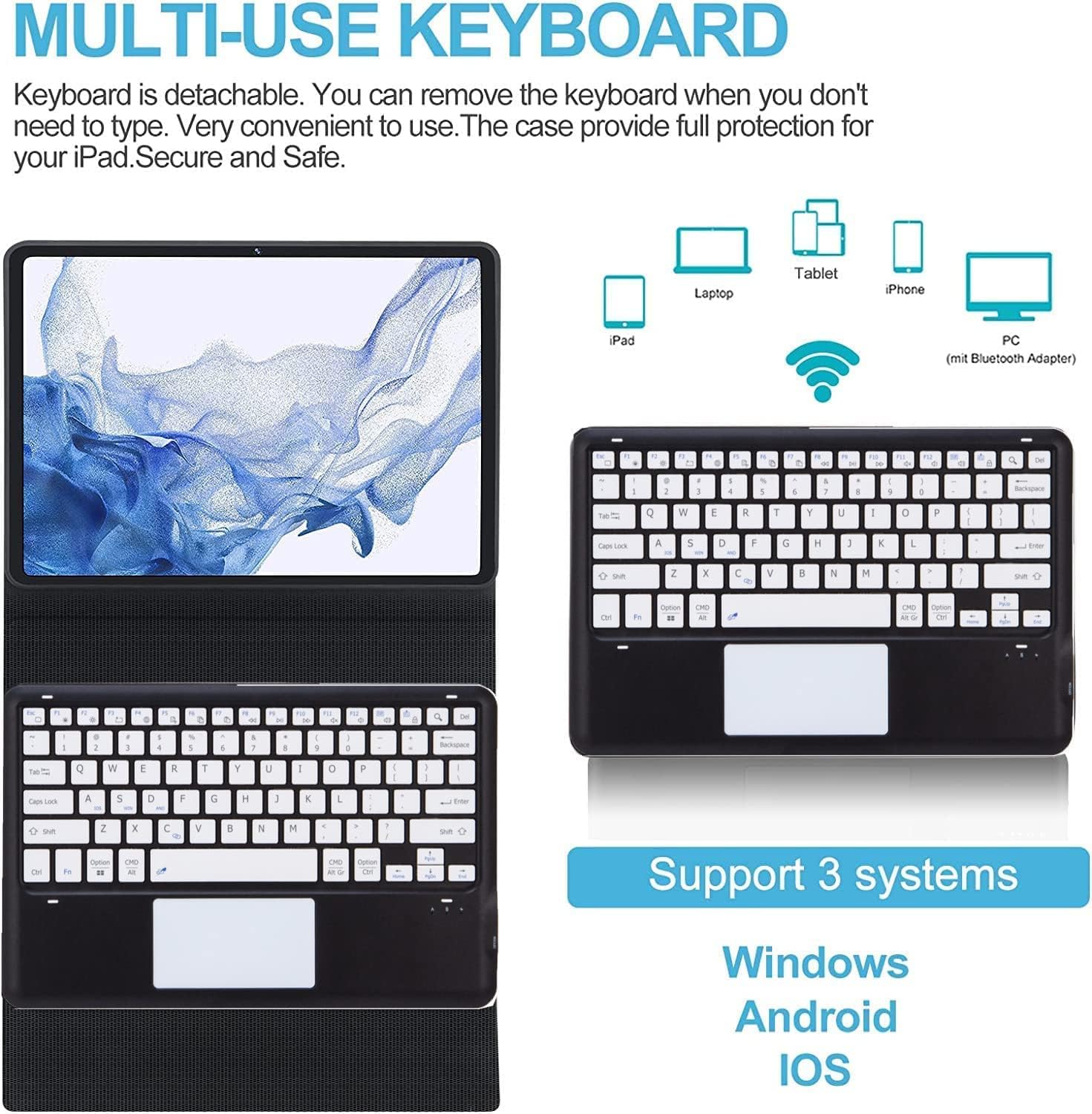 Removeable Touchpad Wirless Bàn phím Bluetooth + đầy màu sắc da PU trơn mềm Vỏ TPU với S kẹp giữ bút cho Samsung Tab S9 cộng với 12.4 2023,Tab S9 Vỏ bàn phím, Tab S8 cộng với S7 FE s7plus, Tab S8 S7,Tab S6 Lite, tab A8