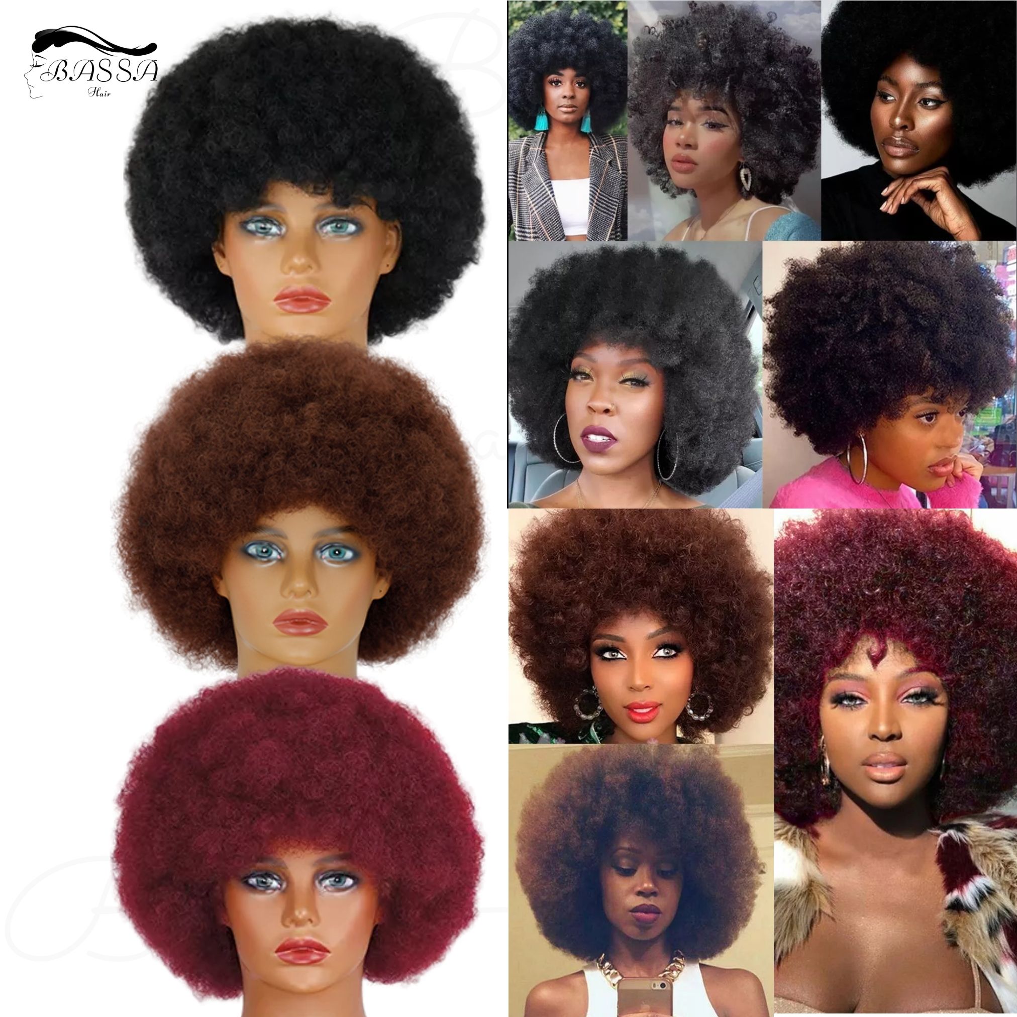 BASSAHAIR]Short Afro Kinky Curly Wigs With Bangs For Black Women and men  African Synthetic Ombre Glueless Cosplay Natural Black Wig | Lazada PH