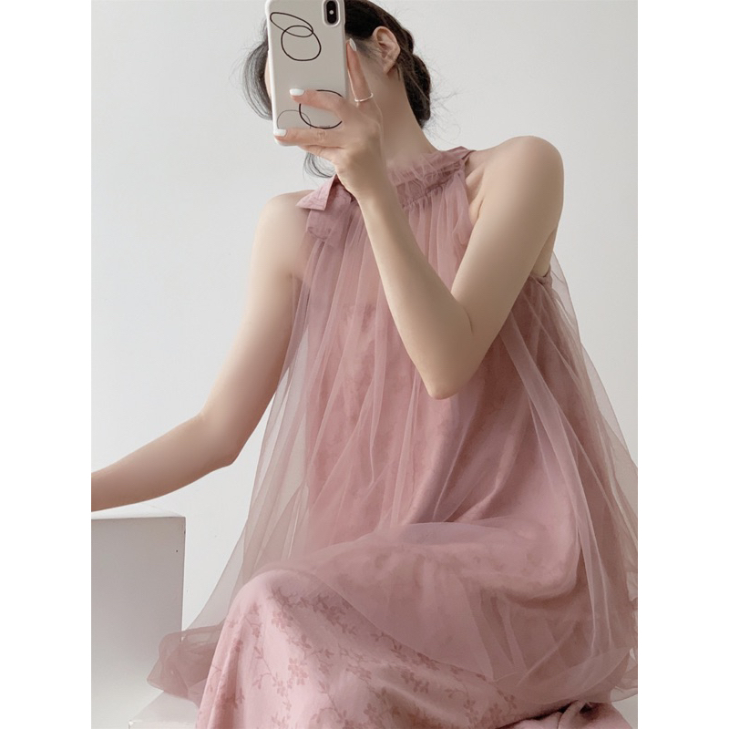 Đầm xòe cổ phong bản màu hồng Romance
