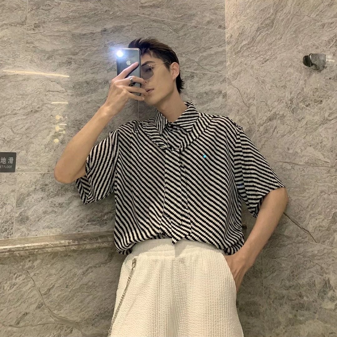 EERSHENSHI Men's shirt- Korean style trendy loose thin short-sleeved striped design versatile simple top