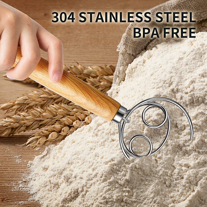Danish Dough Whisk Dutch Style Bread Dough Hand Mixer Wooden Handle Kitchen