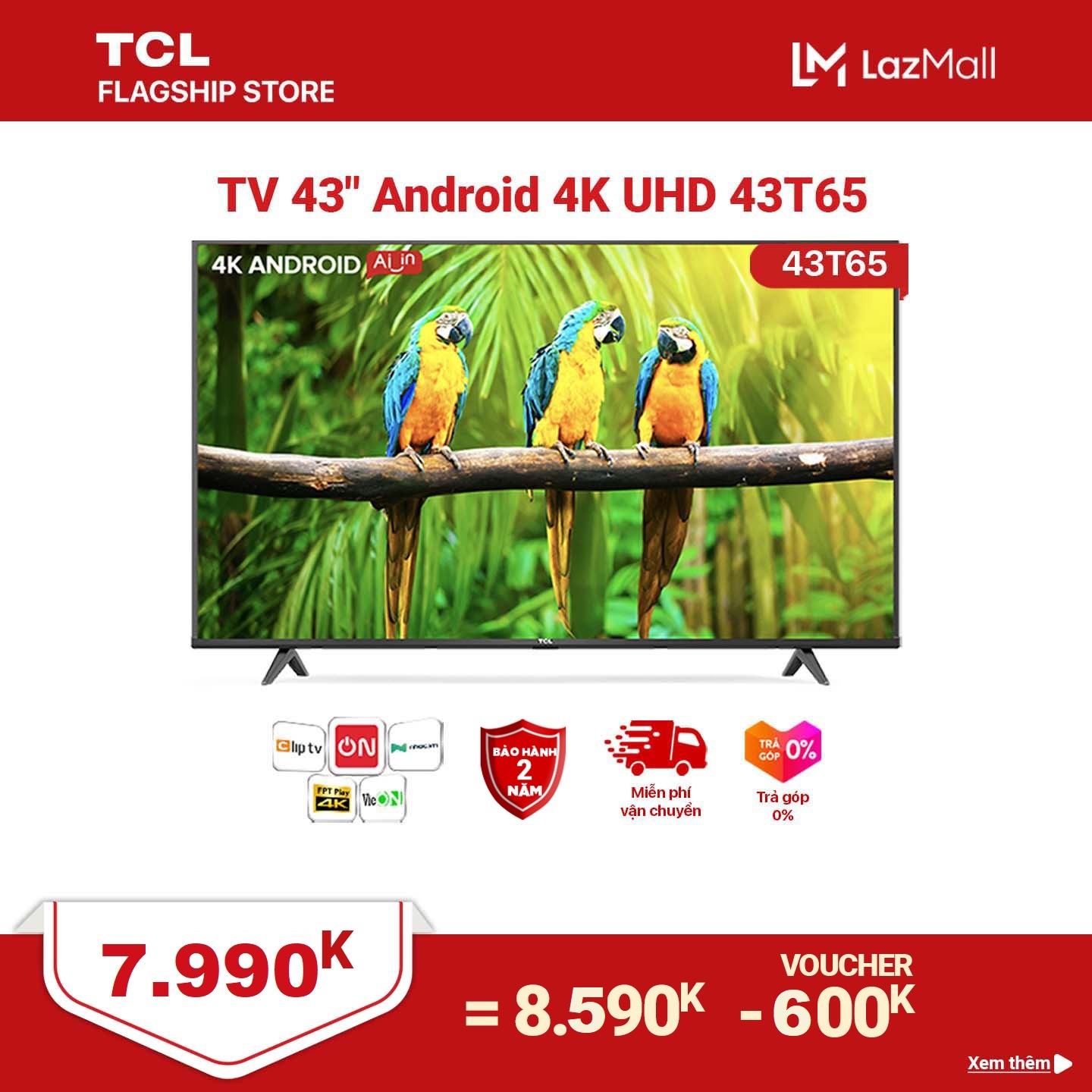 43” 4K UHD Android Tivi TCL 43T65 – Gam Màu Rộng , HDR , Dolby Audio – Bảo Hành 2 Năm , trả góp 0% – Nâng Cấp của 43T6.