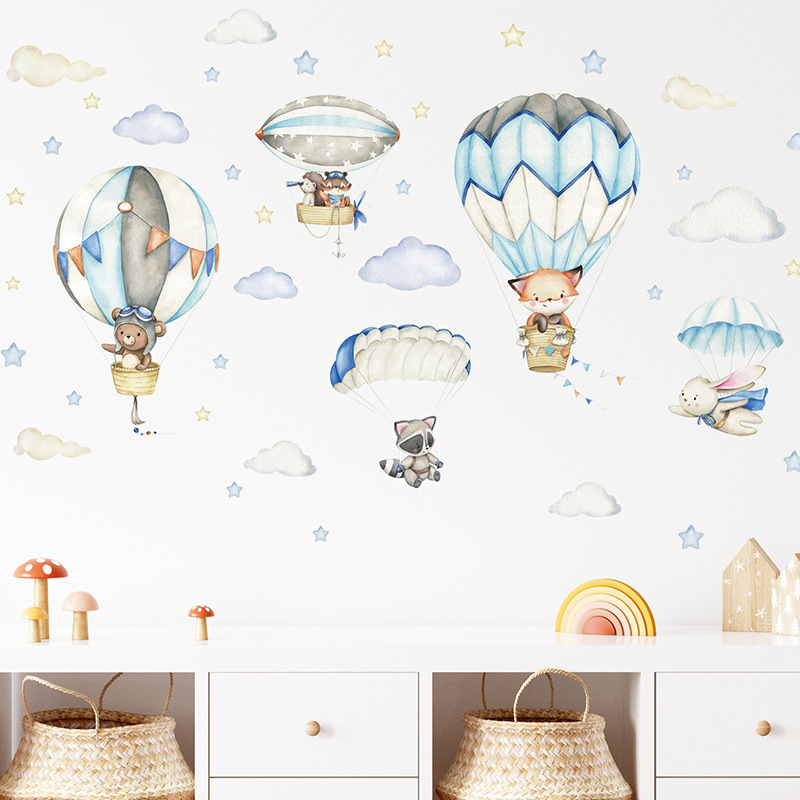【Folio & Light】Watercolor Cartoon Animals Hot Air Balloon Wall Stickers ...