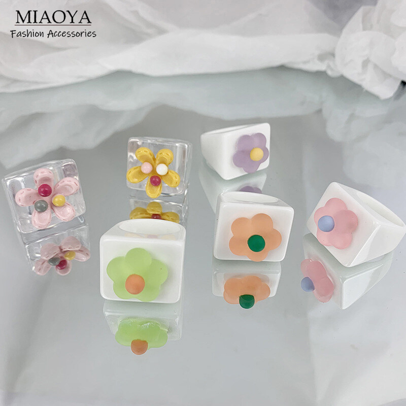 MIAOYA Vòng hoa nhựa mới dành cho nữ Cặp đôi nhẫn acrylic màu thời trang thumbnail
