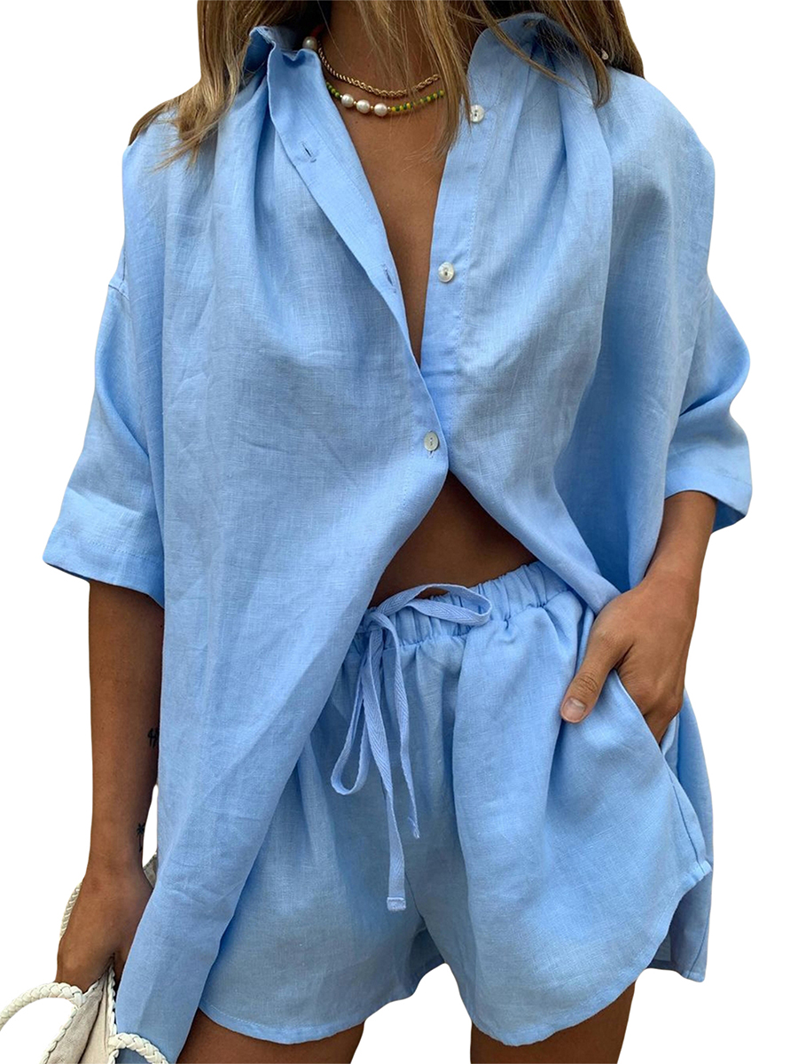 Sweetboxe women new style 2023 Women Casual Clothes Set Summer Solid Color 3/4 Sleeve Button-up Shirts Tops and Drawstring Shorts Outfits