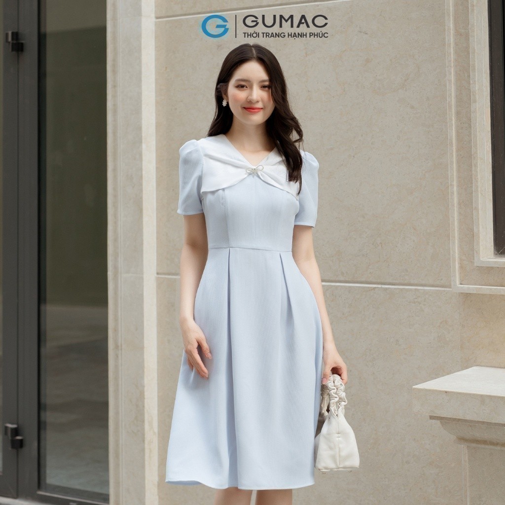 Đầm A cổ phối nơ GUMAC DD05043