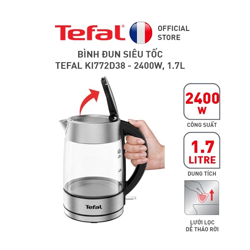 Bình đun siêu tốc Tefal KI772D38 thủy tinh 2400W 1,7L