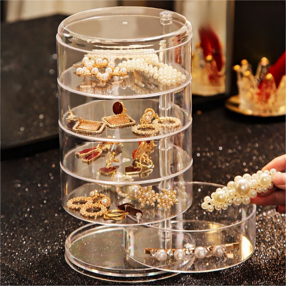Acrylic Rotating Jewelry Organizer with Lid Transparent | Ear Rings & Necklace_Bracelets Holder | Rotating Makeup Organizer. 