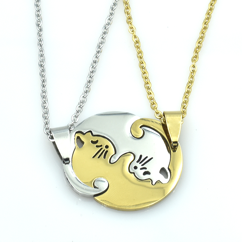 Couple Stitching Love Black And White Hug Cute Pet Cat Couple Pendant Necklace For Women Girls Fashion Exquisite Gift