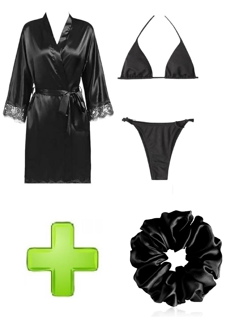 Women 3 Piece Sexy Nighty Sleepwear Silk Satin night dress Lingerie Set With Robe and Short Gown Bridal for Ladies and Girls for Night Wear Bra-Black with Hair Band