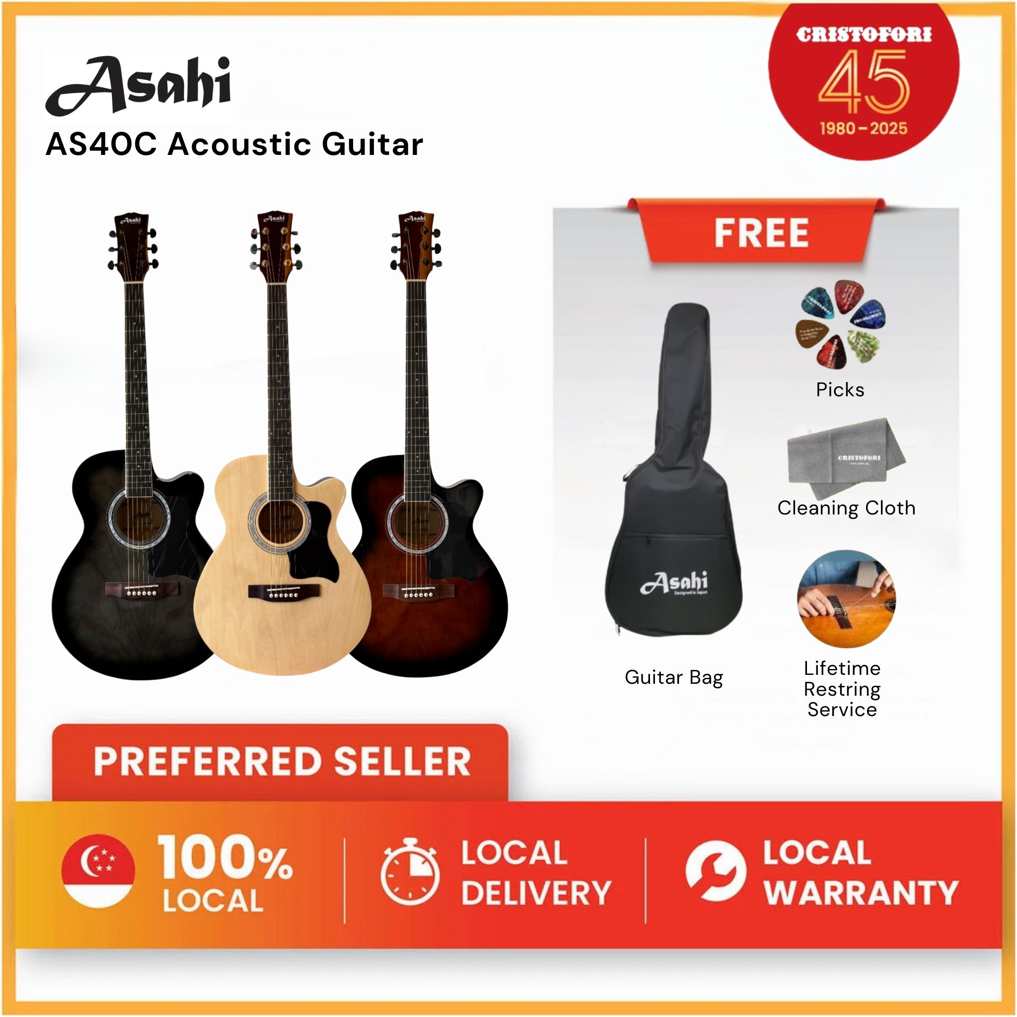 ASAHI AS40C (Assorted Colors) Acoustic Guitar 40 inch – Designed