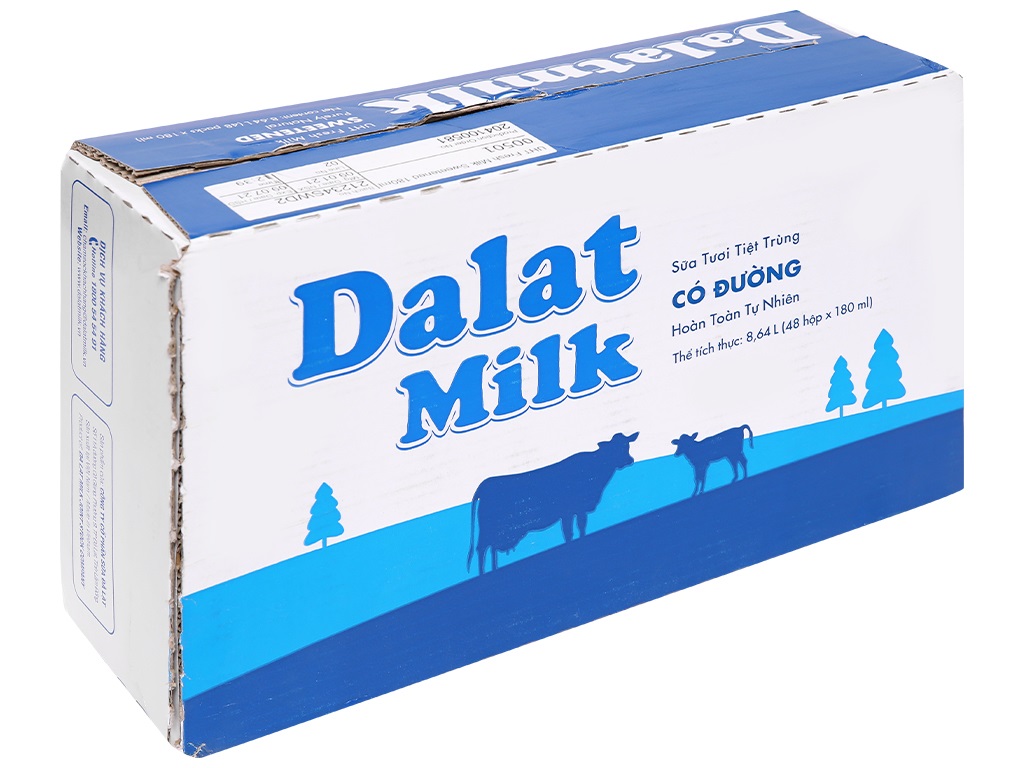 Thùng 48 hộp sữa tươi tiệt trùng Dalat Milk 48 hộp x 180 ml