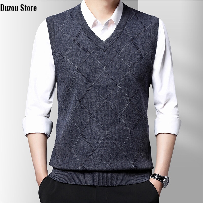 Herren Karierte Weste Herren V-Ausschnitt Ärmelloser Pullover Große Strickweste Herren954_voghion.com