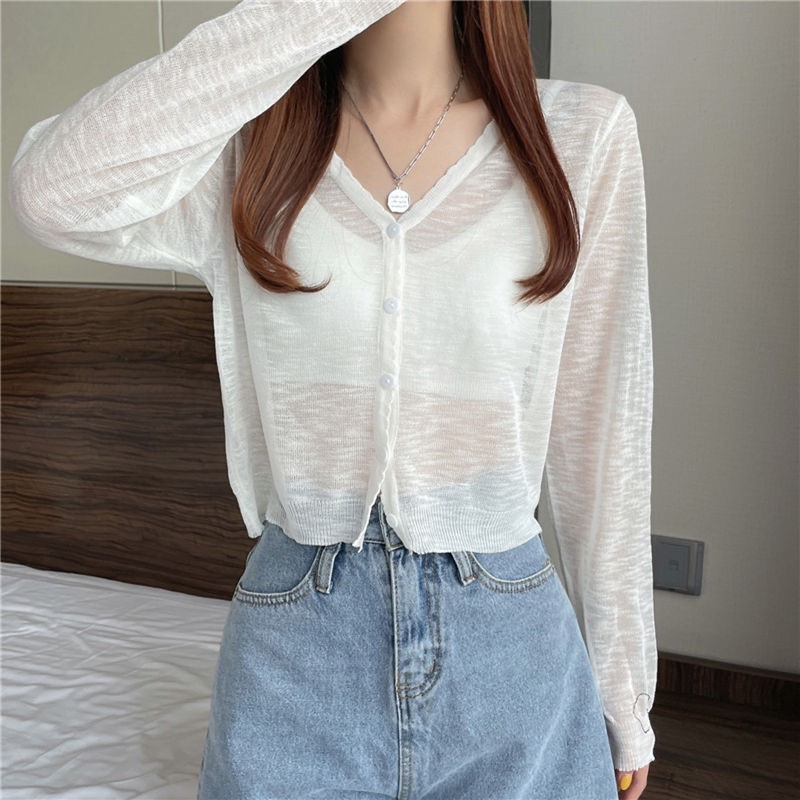 Áo khoác len cardigan mỏng cài khuy cổ tim tay dài, áo len dệt kim xuyên thấu thời trang nữ c06 | smide clothing