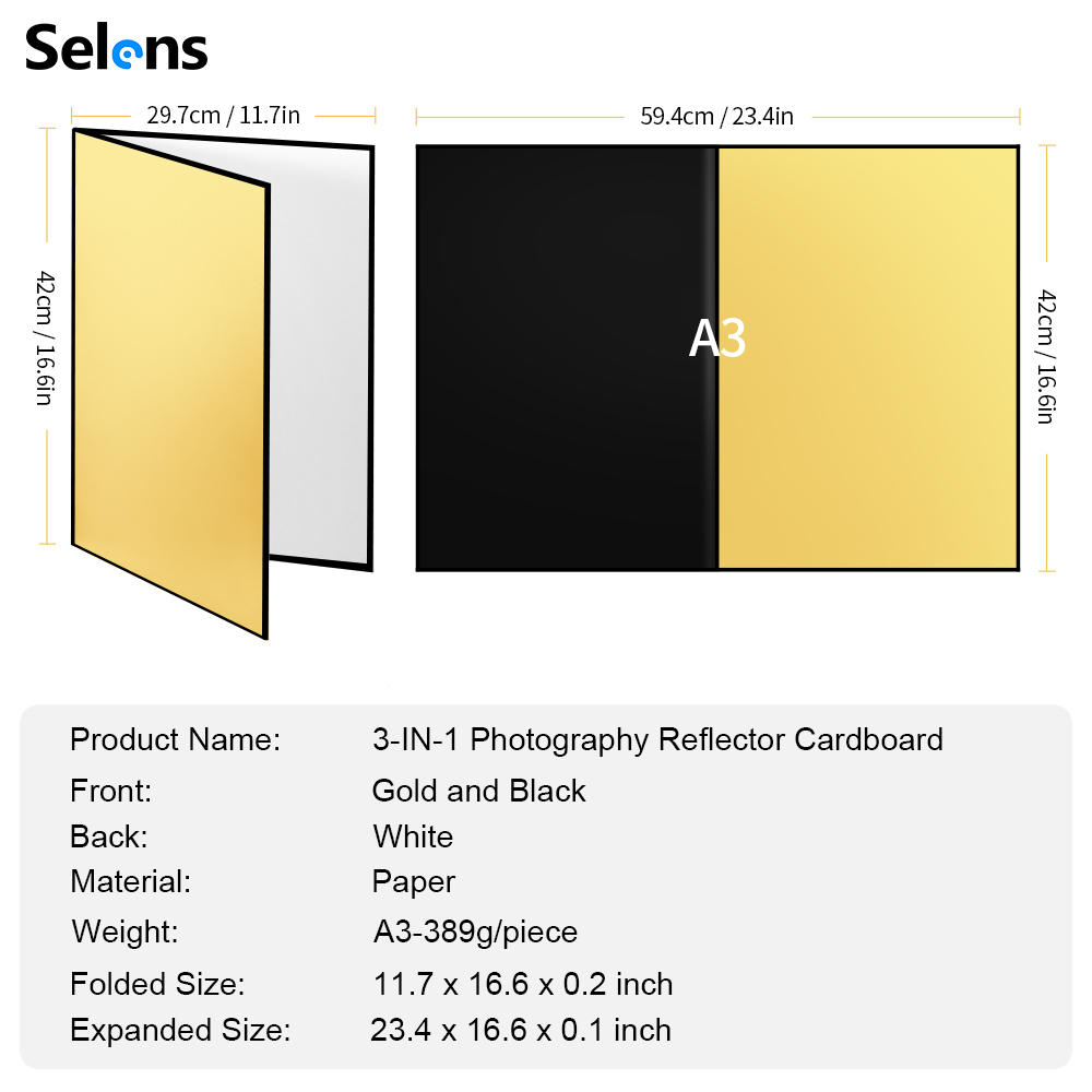 Selens Bìa Cứng Chụp Ảnh Phản Xạ Ánh Sáng 3 Trong 1 17X12 Inch, Bảng Khuếch Tán Ánh Sáng Có Thể Gập Lại Trong Studio Để Chụp Ảnh Sản Phẩm Tĩnh Vật Và Thực Phẩm-Màu Đen, Trắng Và Vàng Kim