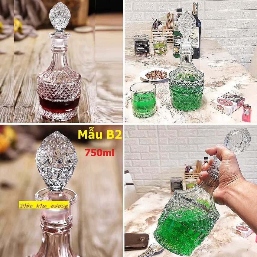 Vỏ Chai Rượu Thủy Tinh 750ML (combo 2 cái) trụ tròn họa tiết nổi – Chai Đựng Rượu Thủy Tinh - Bình Đựng Rượu (B2)