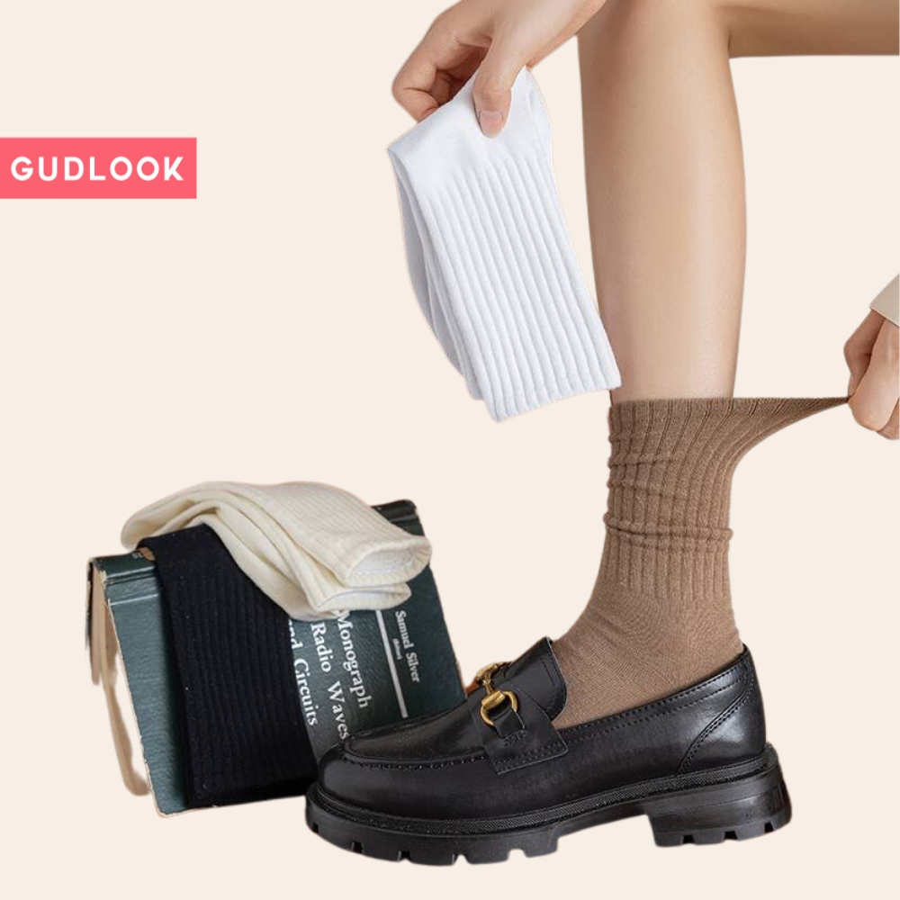 Set 5 Đôi Tất Cao Cổ Màu Basic GUDLOOK Gân Tăm Vintage