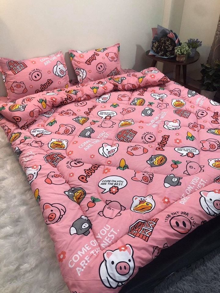 Bộ ga gối cotton poly hàn quốc 1m2, 1m4, 1m5, 1m6, 1m8, mèo xanh