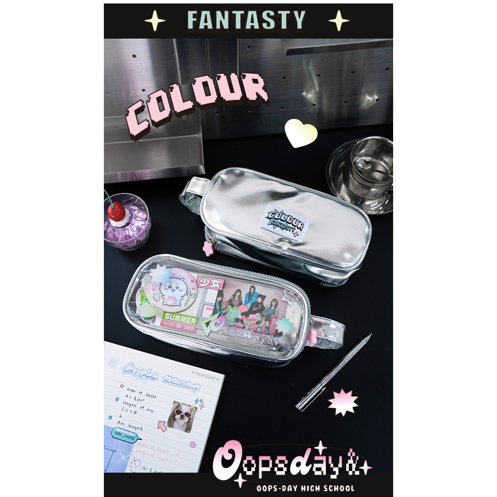 Cdaily|Silver Pencil Case Large-Capacity Pencil Case Double-Sided Visual Pain Window Pencil Case Portable Pencil Case Stationery Bag Large-Capacity Storage Bag