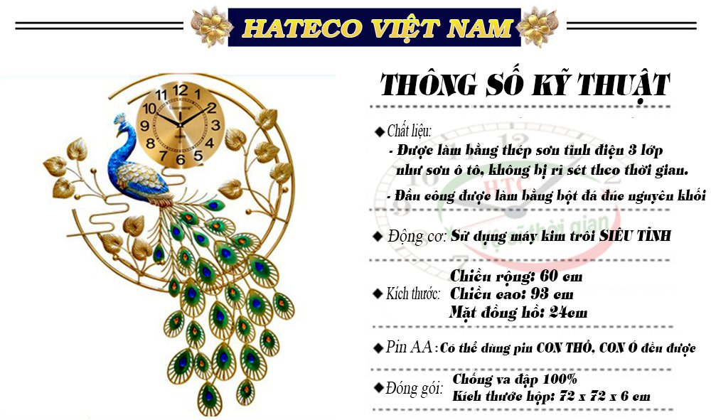Đồng hồ trang trí phòng khách đẹp HATECO hình con công TT2878, mẫu đồng hồ treo tường sang trọng phù hợp với trang trí nội thất phòng khách, trang trí phòng ngủ, làm quà tặng, mừng tân gia, mừng đám cưới