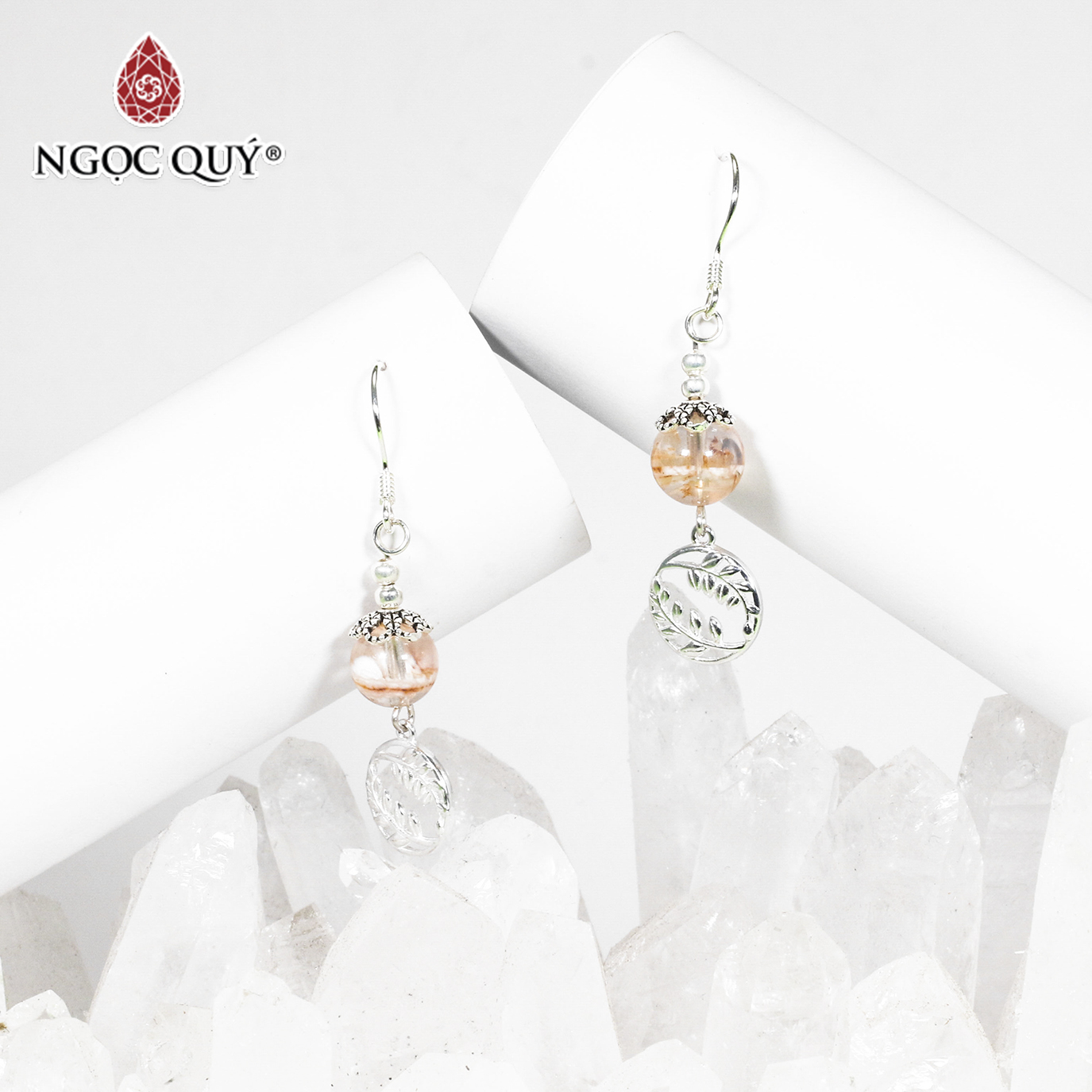 Bông tai bạc đá thạch anh ưu linh cam charm vòng nguyệt quế mệnh hỏa thổ - Ngọc Quý Gemstones
