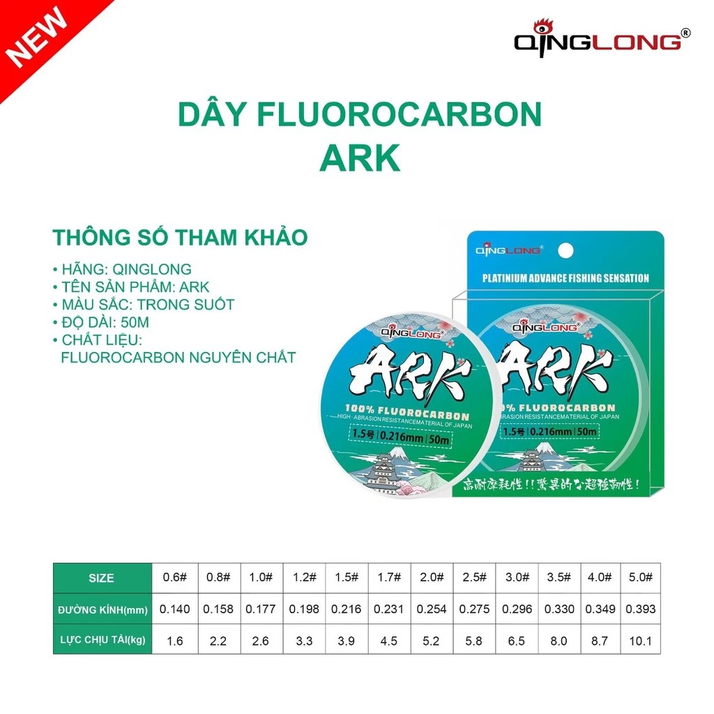 Cước QingLong 100% Fluorocarbon ARK 50m làm thẻo câu đài