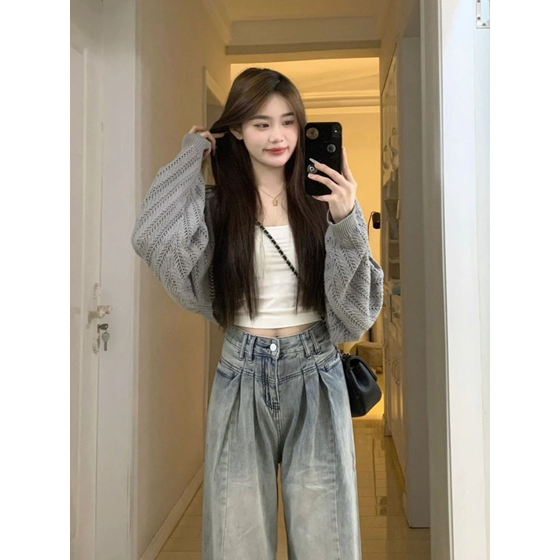 Aa18-áo khoác len nữ , áo cardigan trơn basic dệt ghi
