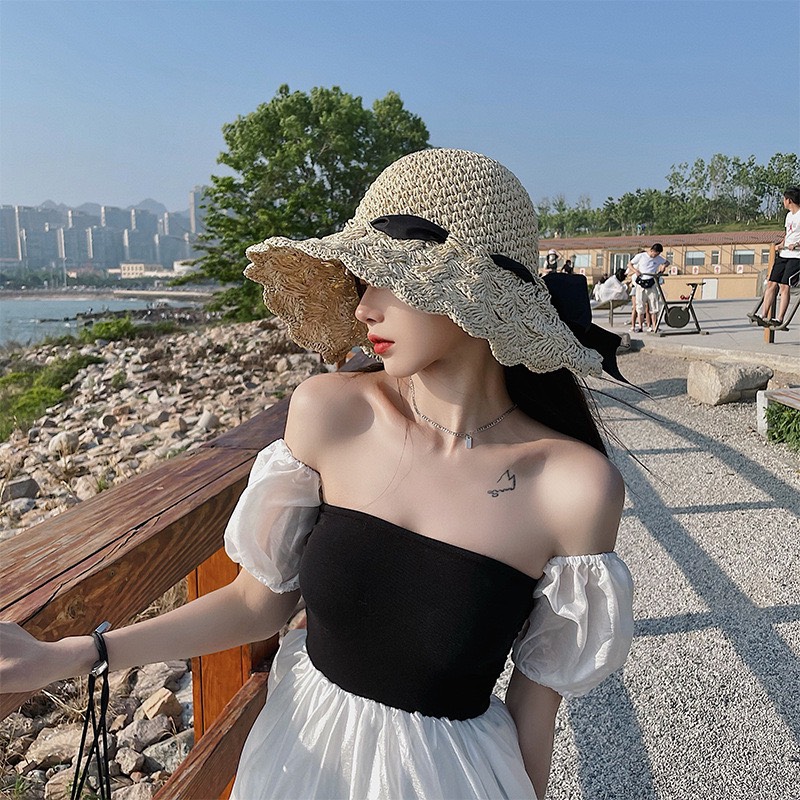 Nón cói móc đi biển nơ đen tiểu thư NCM25