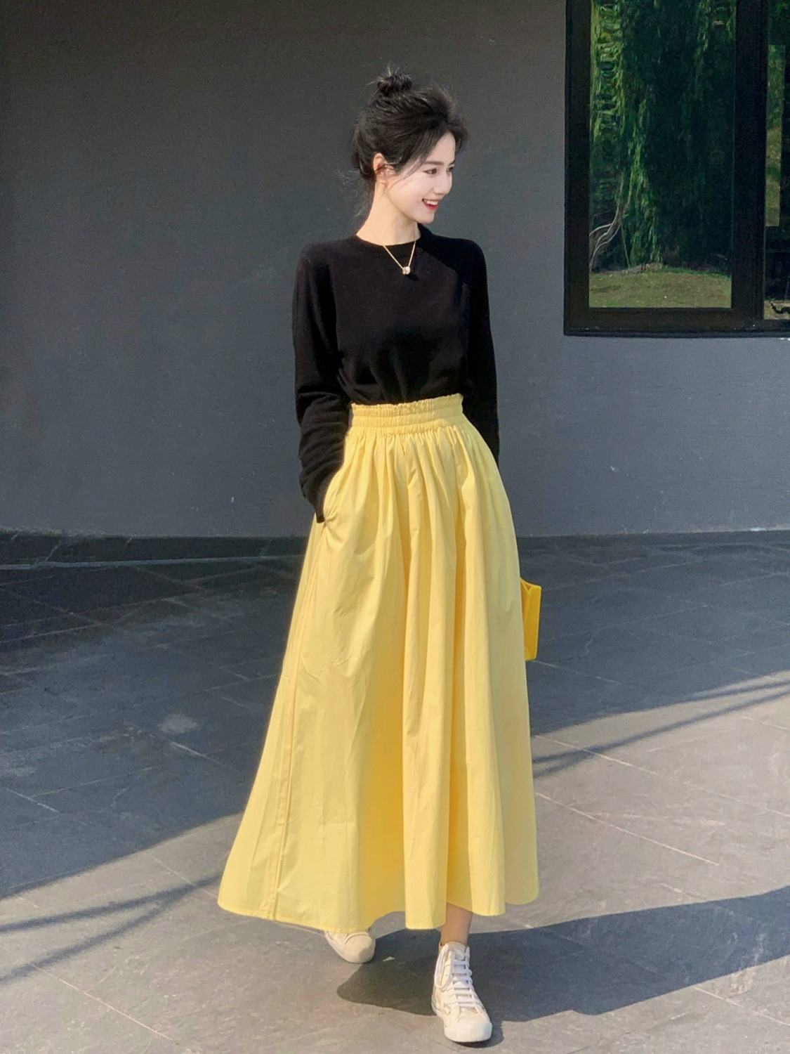 Women's Yellow Skirt High Waist Dapdown Hepburn Style Long A- line Skirt with Loosening Waist and Belly Covering