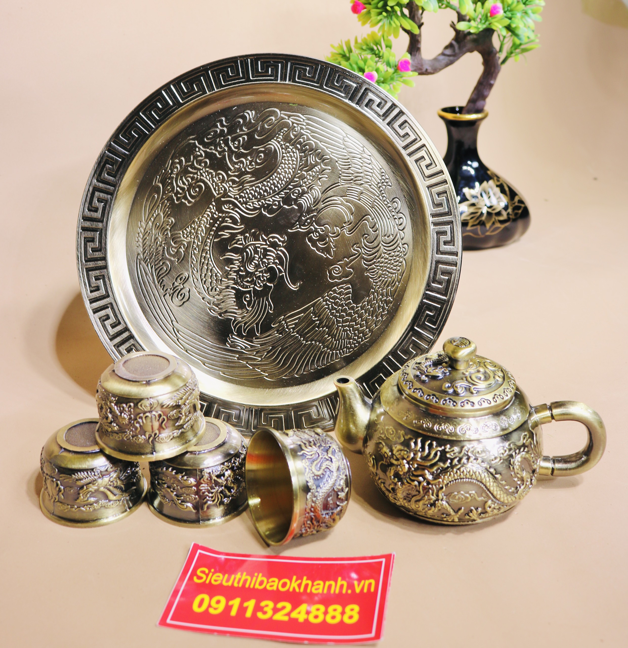 Bộ ấm chén,ấm trà chất liệu hợp kim đồng họa tiết Long Phụng cao cấp-Ấm chén Bảo Khánh