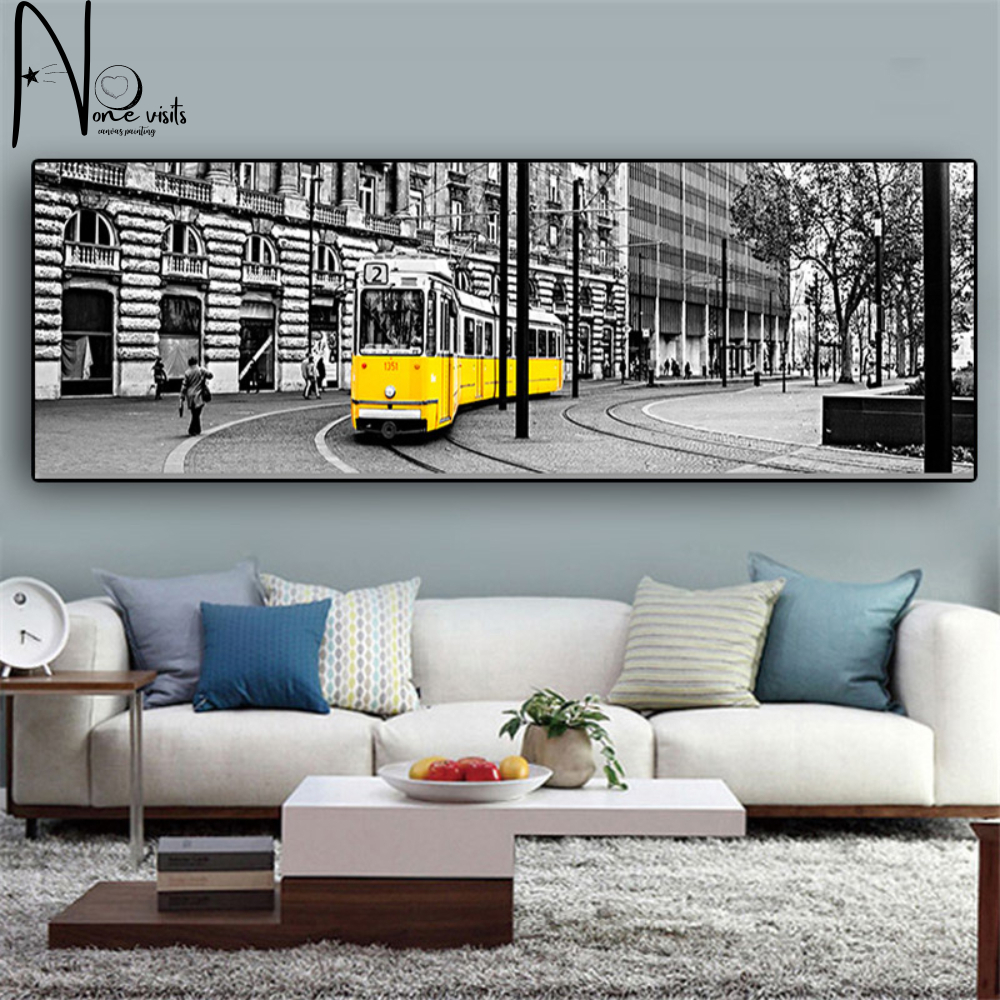 Modern Orange Black and White Architecture Landscape Yellow Tram Picture Wall Art Bedroom Home Decoration Cuadros Landscape Posters and Prints 48