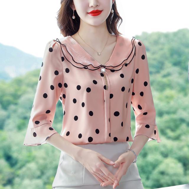 2023 Spring and Summer New Polka Dot Doll Collar Fashion Polka Dot Chiffon Shirt Unique and Chic Small Shirt