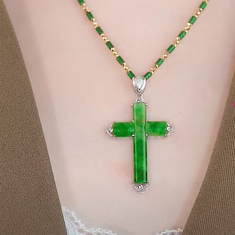 Bamboo Cross Jade Pendant Necklace For Women