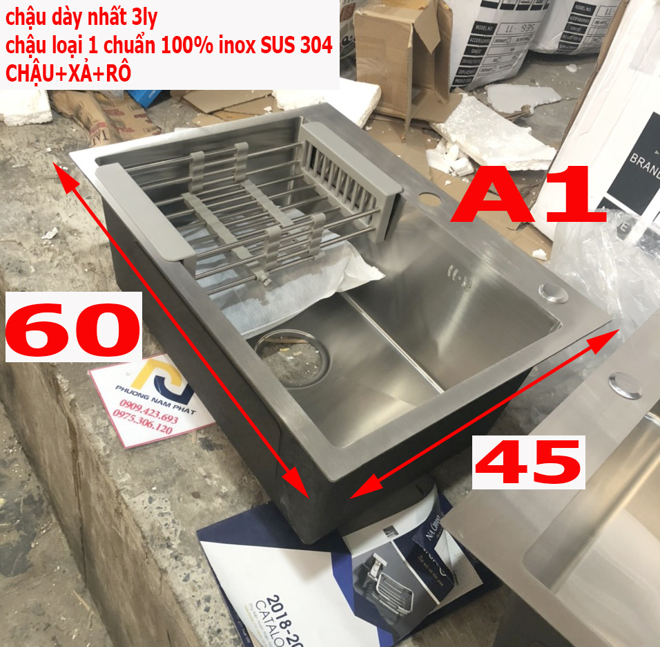 Chậu rửa chén bát inox 304 n17 6045 a1 na.grand và xả chậu và rổ đa năng và xả chậu thoát nước mặt dày 3ly hàng bao xài