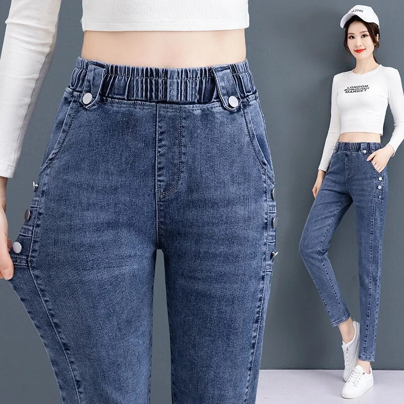 Casual Stretch Pencil Jeans Women New Spring Retro Skinny Vaqueros Slim High Waist Denim Pants Washed Blue Black Cowboy Capris
