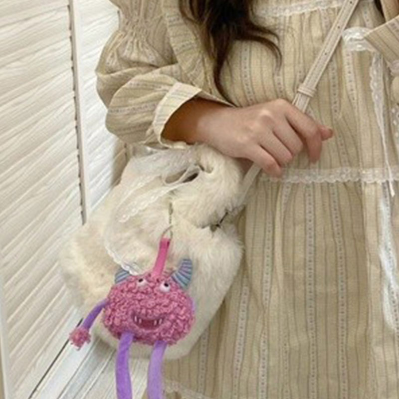ELACCENT Women's crossbody bag fur bag doll cute little monster hanging plush bucket bag shoulder bag