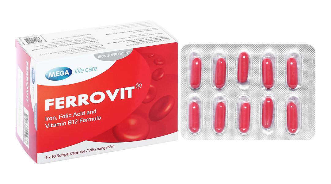 Ferrovit bổ sung sắt và axit folic, thiếu máu (5 vỉ x 10 viên)