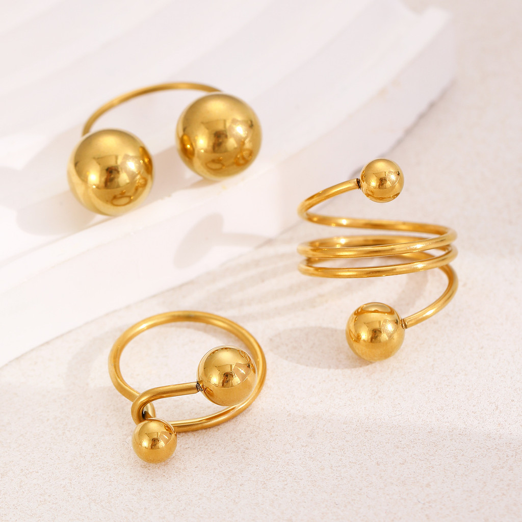 Personal Ring Stainless Steel 18K Gold Spherical Ball Round Open Ring Adjust for Women Girl Accessories No Fade Trendy Fashion Jewelry. 