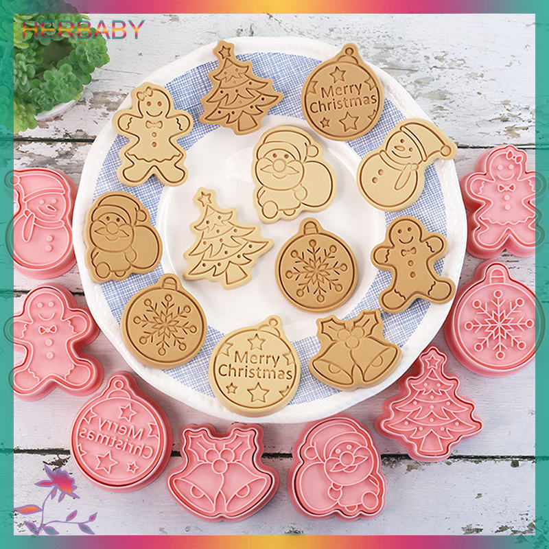 HERBABY Bộ 8 chiếc khuôn cắt bánh quy giáng sinh khuôn dập bánh quy người tuyết bánh gừng làm bánh giáng sinh Phụ kiện bánh quy