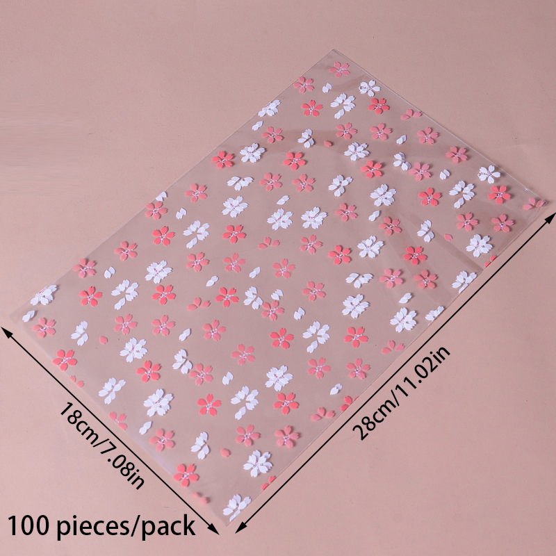 Pzcf 100Pcs Snowflake Pastry Gift Bags Bread Bag Self-Adhesive White Florets Candy Wrapping Bag Pink Dried Fruits