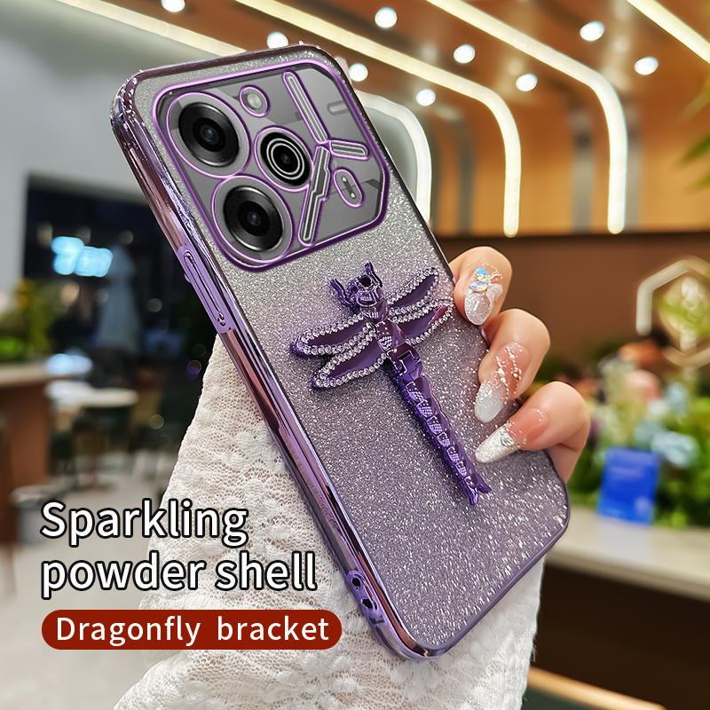 Phone case For Tecno Pova 6 Pro / Tecno Pova 5 Pro case shell Sparkling Gleaming 3D Cartoon Crystal Dragonfly Phone Holder Ultra-thin Silicone Transparent Soft Shell Cases Housing.