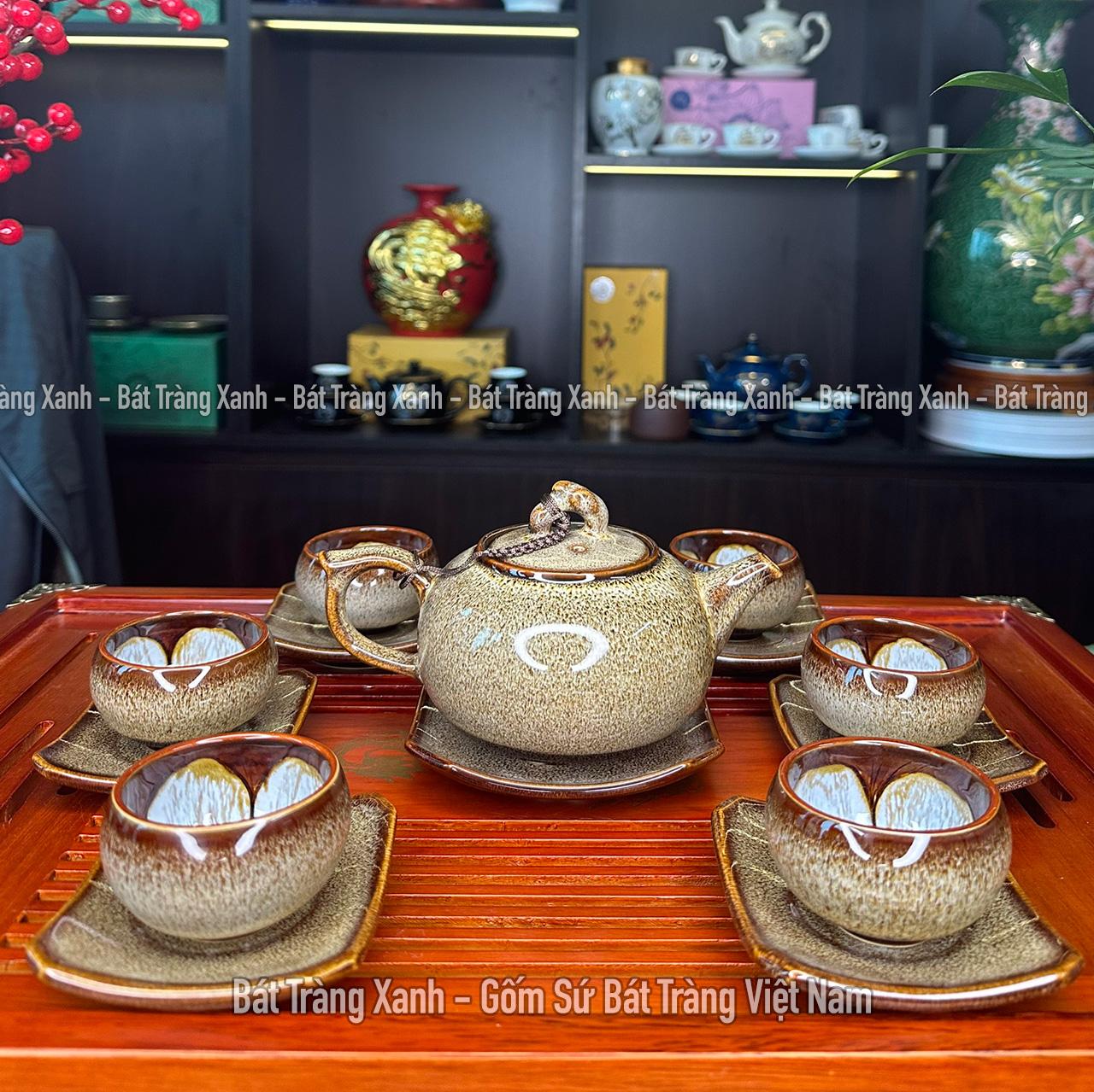 Bộ Ấm Chén Quả Hồng Cà Phê- Bộ Ấm Trà Men Hoả Biến Bát Tràng Cao Cấp
