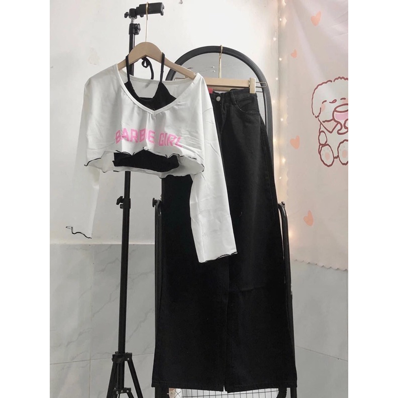 Set Baggy Jeans Ống Suông Đen + Set 2 món barbe girl