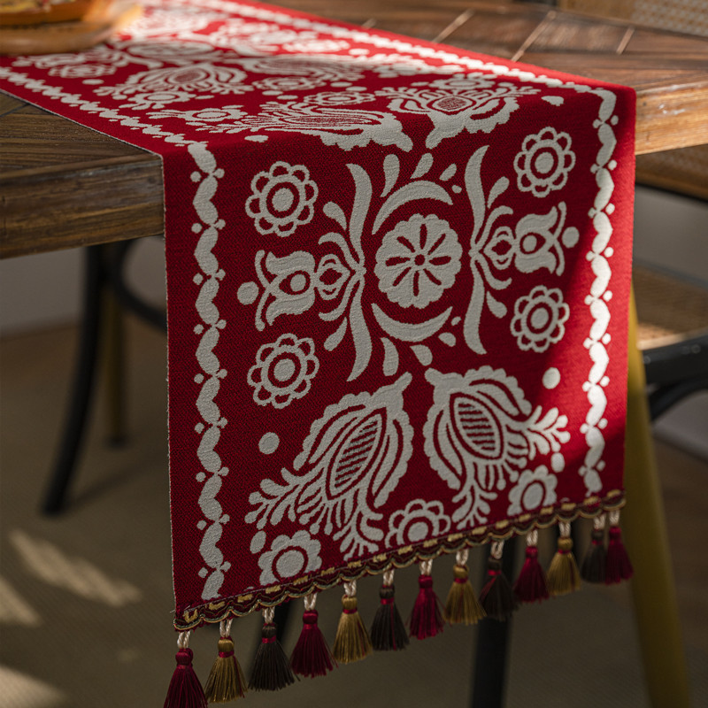 Red Holiday Festive Tassel Table Runner Modern Simple Geometric Flower Table Runner Coffee Table Cloth Sideboard Drawer 35*300cm Piano Cover Towel