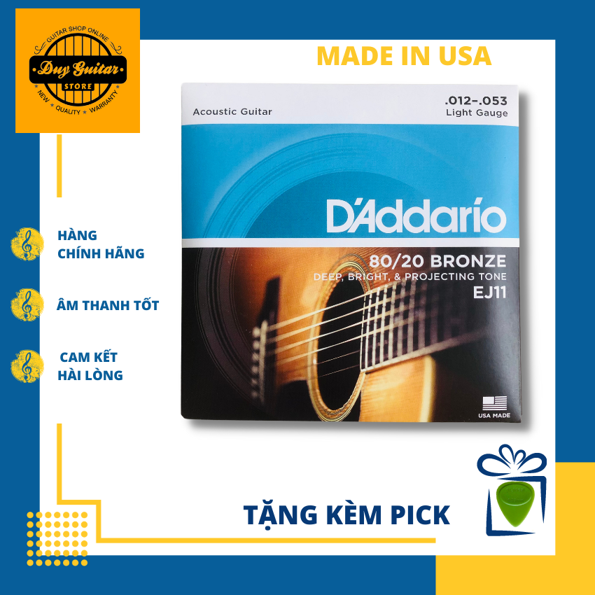 Bộ dây đàn guitar acoustic D'addario EJ11 size 12 chính hãng (80/20 Bronze Strings) light gauge