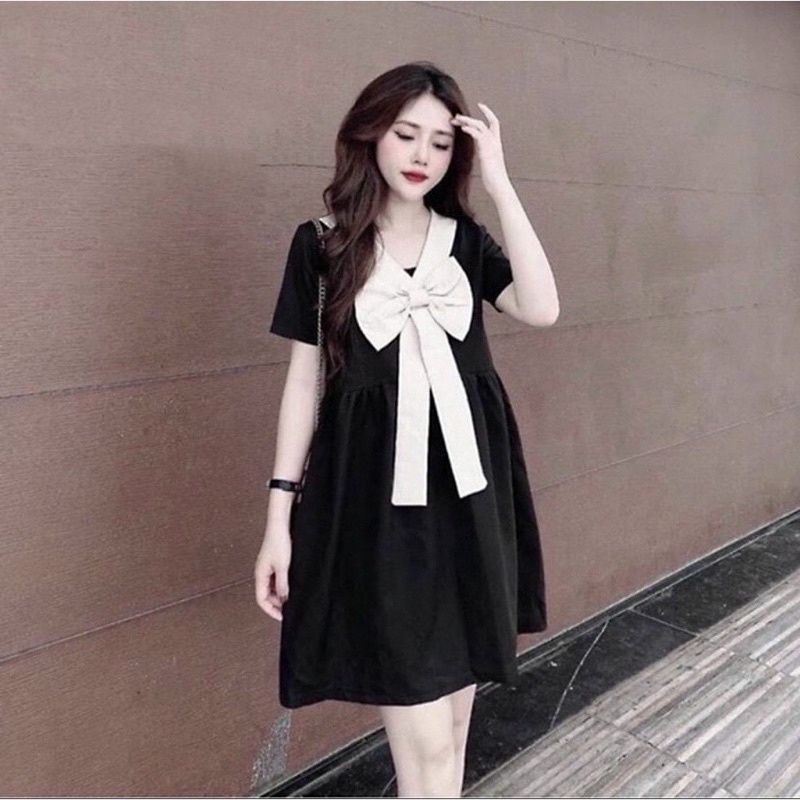 [FREESHIP + VOUCHER] Váy bầu cộc tay thiết kế cổ nơ M028