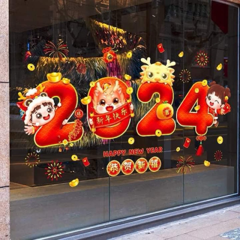 Decal dán kính tết happy new year 2024 trang trí nhà cửa tết