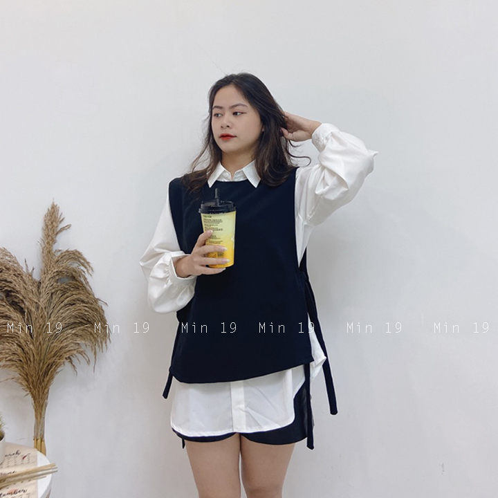 Sét sơ mi min19 áo sơ mi kiểu hàn quốc dáng dài phối gile đen freesize tay phồng form rộng thời trang